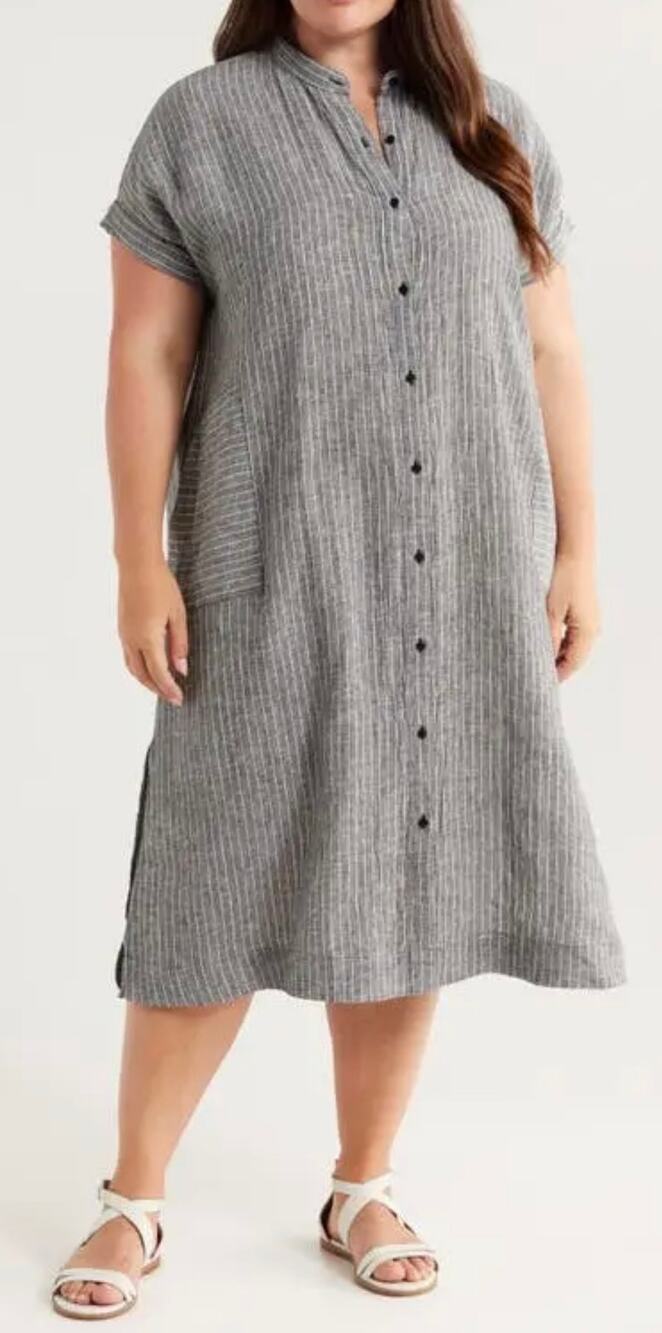 Eileen Fisher Pinstripe Linen Puckered Mandarin Collar Shift Midi Dress 1X New